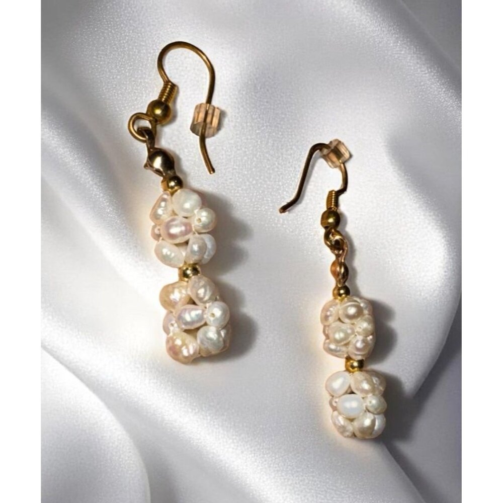 Handmade Dangling Earrings With Faux Pearls & Gold Beads - Picture 7 of 14